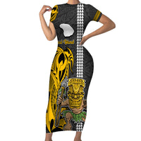 Custom Hawaii Lanai Island Short Sleeve Bodycon Dress Hawaiian Warrior and Kakau Symbols Abstract Tattoo LT03 Long Dress Yellow - Polynesian Pride