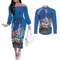 Fiji Rugby Sevens Couples Matching Off The Shoulder Long Sleeve Dress and Long Sleeve Button Shirt Commemorate Gold Medal - Rio de Janeiro 2016 LT03 Blue - Polynesian Pride