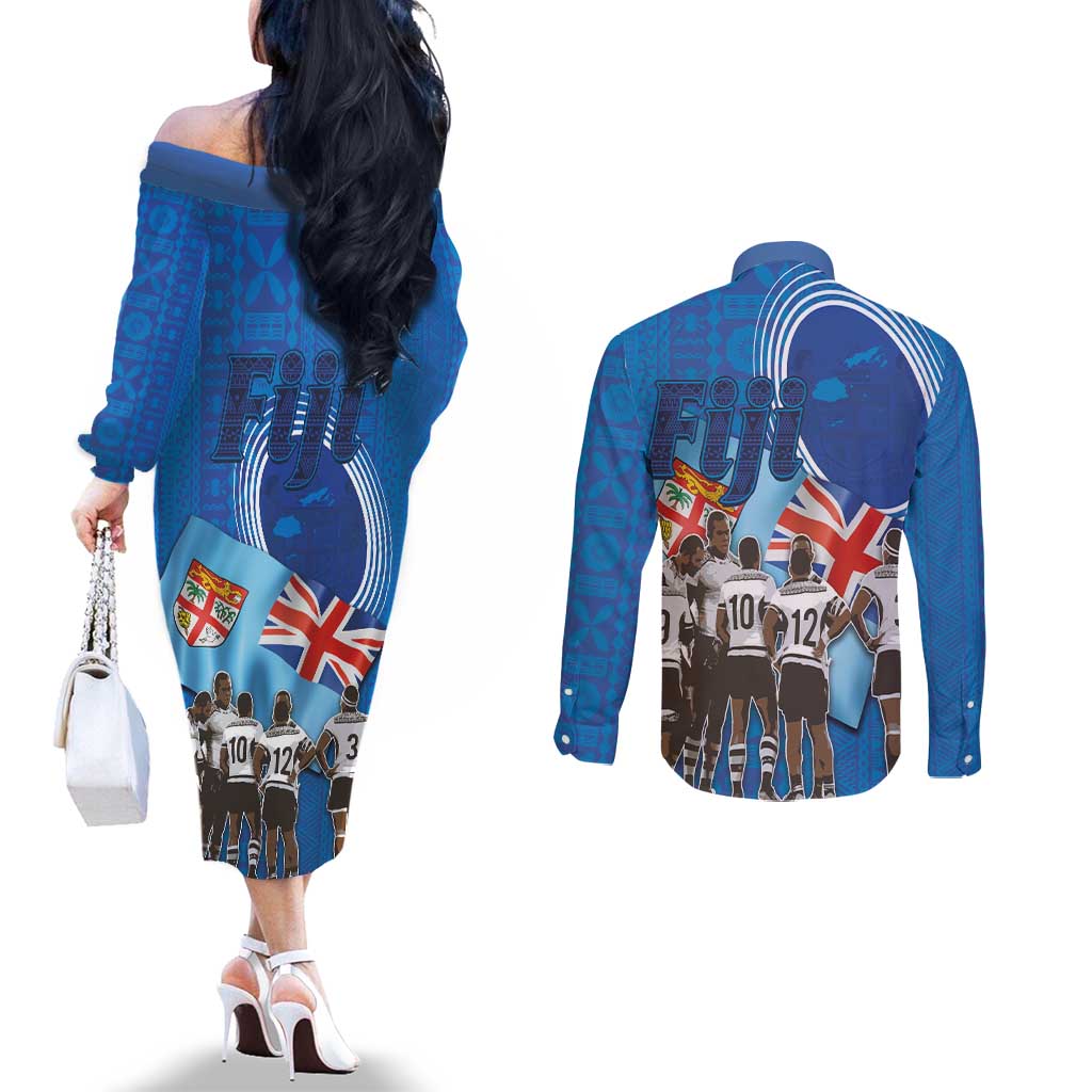 Fiji Rugby Sevens Couples Matching Off The Shoulder Long Sleeve Dress and Long Sleeve Button Shirt Commemorate Gold Medal - Rio de Janeiro 2016 LT03 - Polynesian Pride