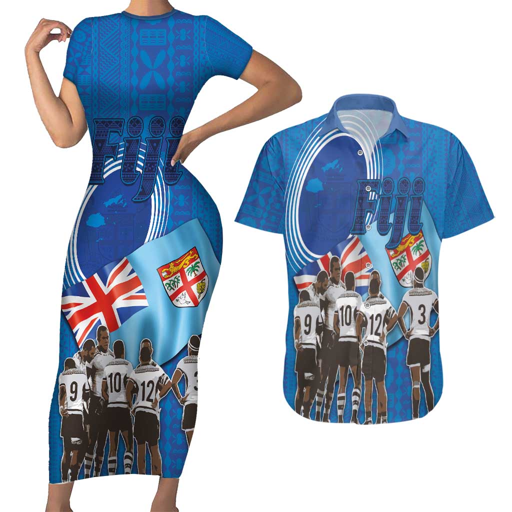 Fiji Rugby Sevens Couples Matching Short Sleeve Bodycon Dress and Hawaiian Shirt Commemorate Gold Medal - Rio de Janeiro 2016 LT03 Blue - Polynesian Pride