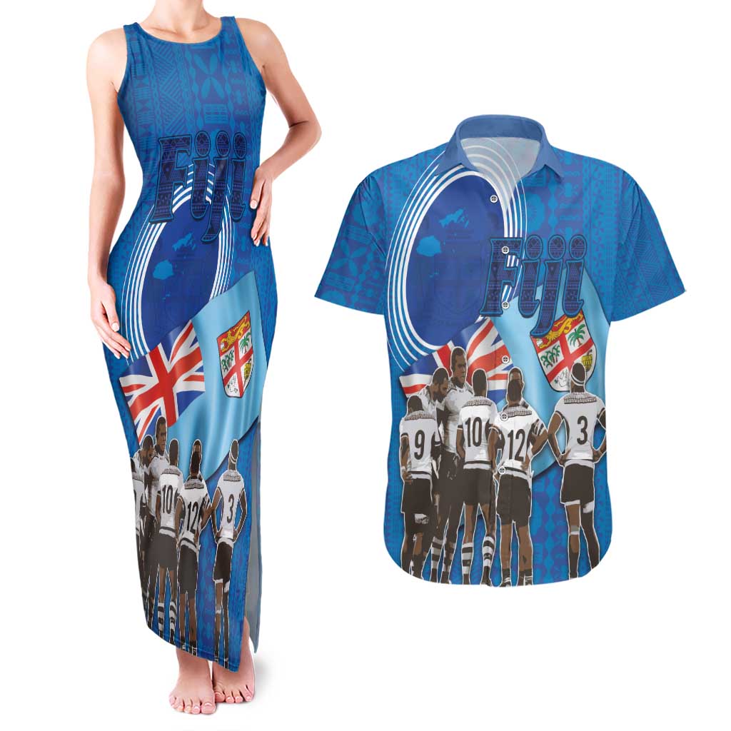 Fiji Rugby Sevens Couples Matching Tank Maxi Dress and Hawaiian Shirt Commemorate Gold Medal - Rio de Janeiro 2016 LT03 Blue - Polynesian Pride