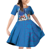 Fiji Rugby Sevens Family Matching Off Shoulder Short Dress and Hawaiian Shirt Commemorate Gold Medal - Rio de Janeiro 2016 LT03 Daughter's Dress Blue - Polynesian Pride