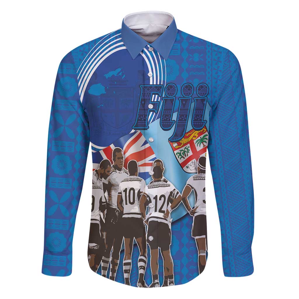 Fiji Rugby Sevens Family Matching Puletasi and Hawaiian Shirt Commemorate Gold Medal - Rio de Janeiro 2016 LT03 Dad's Shirt - Long Sleeve Blue - Polynesian Pride