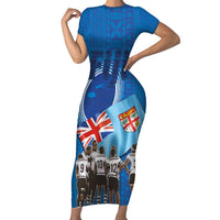 Fiji Rugby Sevens Family Matching Short Sleeve Bodycon Dress and Hawaiian Shirt Commemorate Gold Medal - Rio de Janeiro 2016 LT03 Mom's Dress Blue - Polynesian Pride