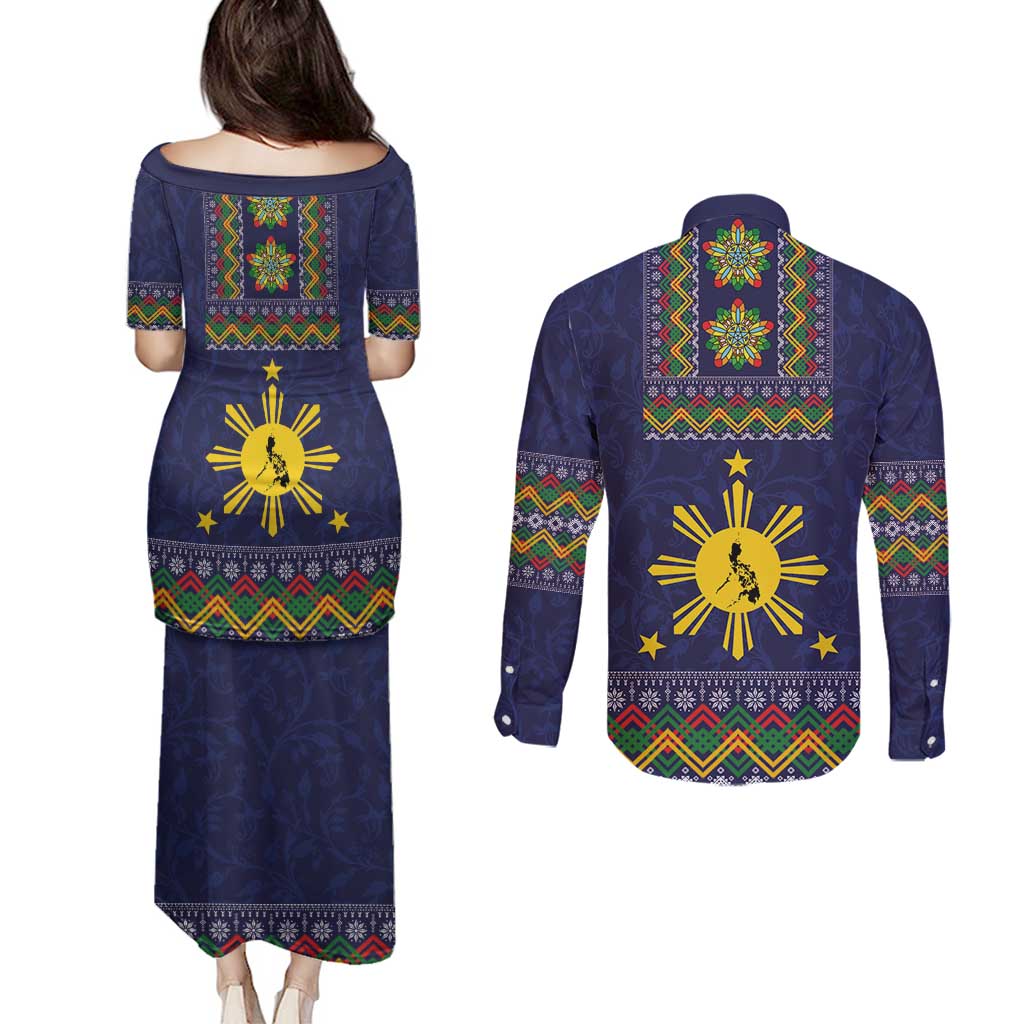 Philippines Merry Christmas Couples Matching Puletasi and Long Sleeve Button Shirt Maligayang Pasko with Parol and Xmas Pattern Barong Style