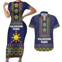 Philippines Merry Christmas Couples Matching Short Sleeve Bodycon Dress and Hawaiian Shirt Maligayang Pasko with Parol and Xmas Pattern Barong Style LT03 Blue - Polynesian Pride