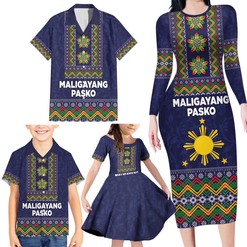 Philippines Merry Christmas Family Matching Long Sleeve Bodycon Dress and Hawaiian Shirt Maligayang Pasko with Parol and Xmas Pattern Barong Style LT03 - Polynesian Pride