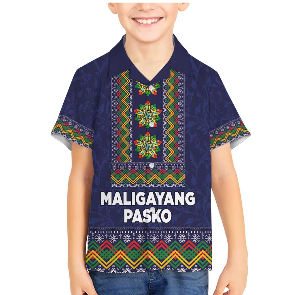 Philippines Merry Christmas Family Matching Mermaid Dress and Hawaiian Shirt Maligayang Pasko with Parol and Xmas Pattern Barong Style LT03 Son's Shirt Blue - Polynesian Pride