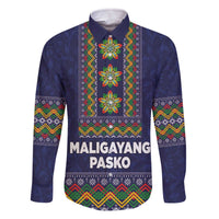 Philippines Merry Christmas Family Matching Off The Shoulder Long Sleeve Dress and Hawaiian Shirt Maligayang Pasko with Parol and Xmas Pattern Barong Style LT03 Dad's Shirt - Long Sleeve Blue - Polynesian Pride
