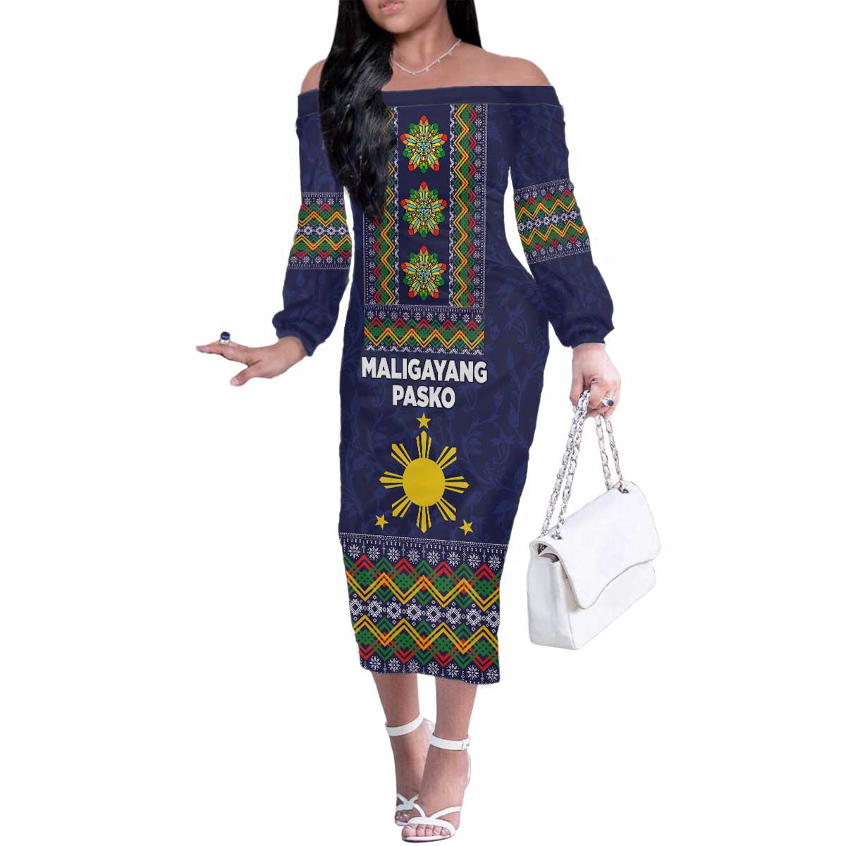 Philippines Merry Christmas Family Matching Off The Shoulder Long Sleeve Dress and Hawaiian Shirt Maligayang Pasko with Parol and Xmas Pattern Barong Style LT03 Mom's Dress Blue - Polynesian Pride