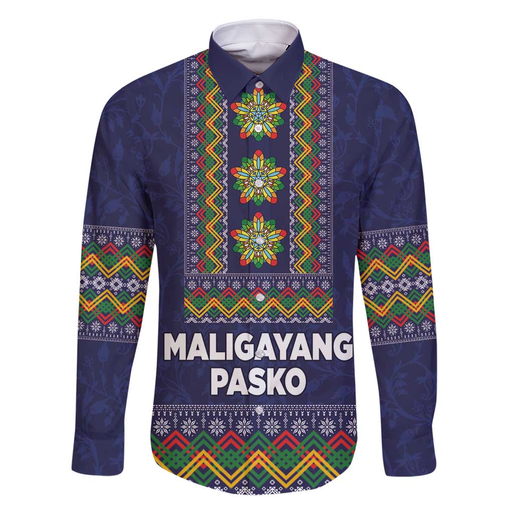 Philippines Merry Christmas Family Matching Off Shoulder Maxi Dress and Hawaiian Shirt Maligayang Pasko with Parol and Xmas Pattern Barong Style LT03 Dad's Shirt - Long Sleeve Blue - Polynesian Pride