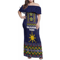 Philippines Merry Christmas Family Matching Off Shoulder Maxi Dress and Hawaiian Shirt Maligayang Pasko with Parol and Xmas Pattern Barong Style LT03 Mom's Dress Blue - Polynesian Pride