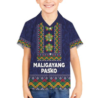 Philippines Merry Christmas Family Matching Off Shoulder Maxi Dress and Hawaiian Shirt Maligayang Pasko with Parol and Xmas Pattern Barong Style LT03 Son's Shirt Blue - Polynesian Pride