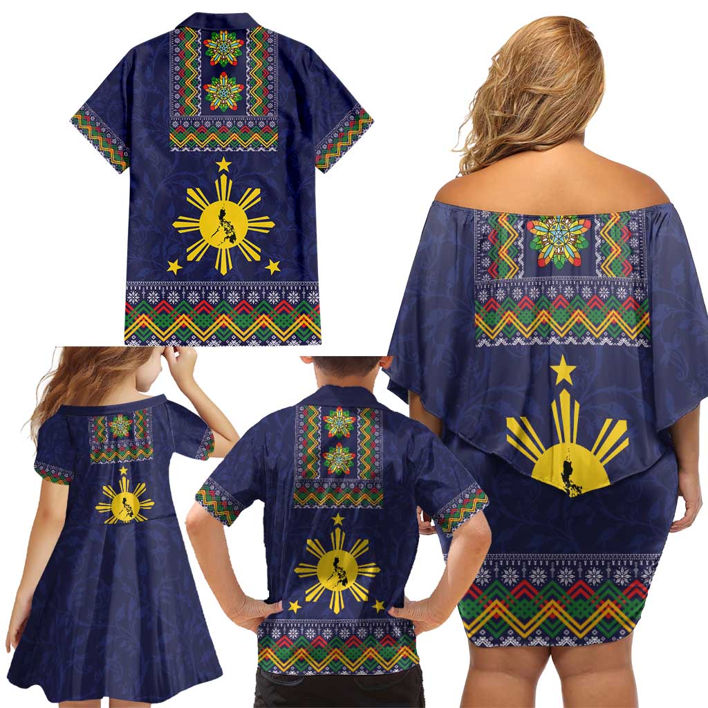 Philippines Merry Christmas Family Matching Off Shoulder Short Dress and Hawaiian Shirt Maligayang Pasko with Parol and Xmas Pattern Barong Style LT03 - Polynesian Pride
