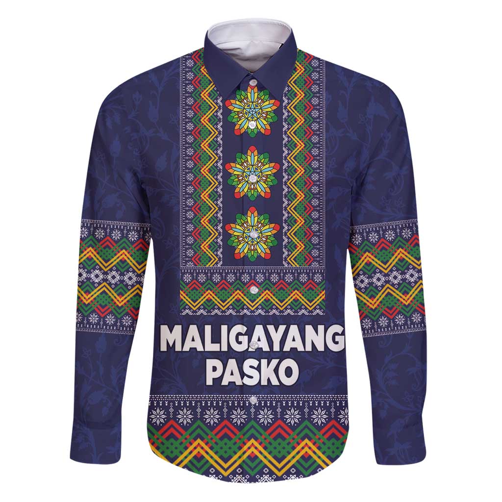 Philippines Merry Christmas Family Matching Puletasi and Hawaiian Shirt Maligayang Pasko with Parol and Xmas Pattern Barong Style LT03 Dad's Shirt - Long Sleeve Blue - Polynesian Pride