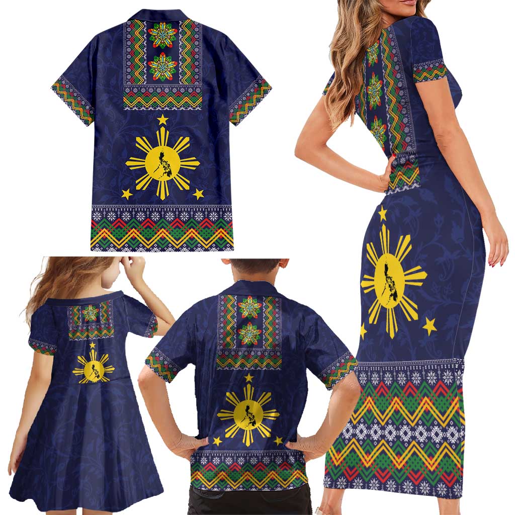 Philippines Merry Christmas Family Matching Short Sleeve Bodycon Dress and Hawaiian Shirt Maligayang Pasko with Parol and Xmas Pattern Barong Style LT03 - Polynesian Pride