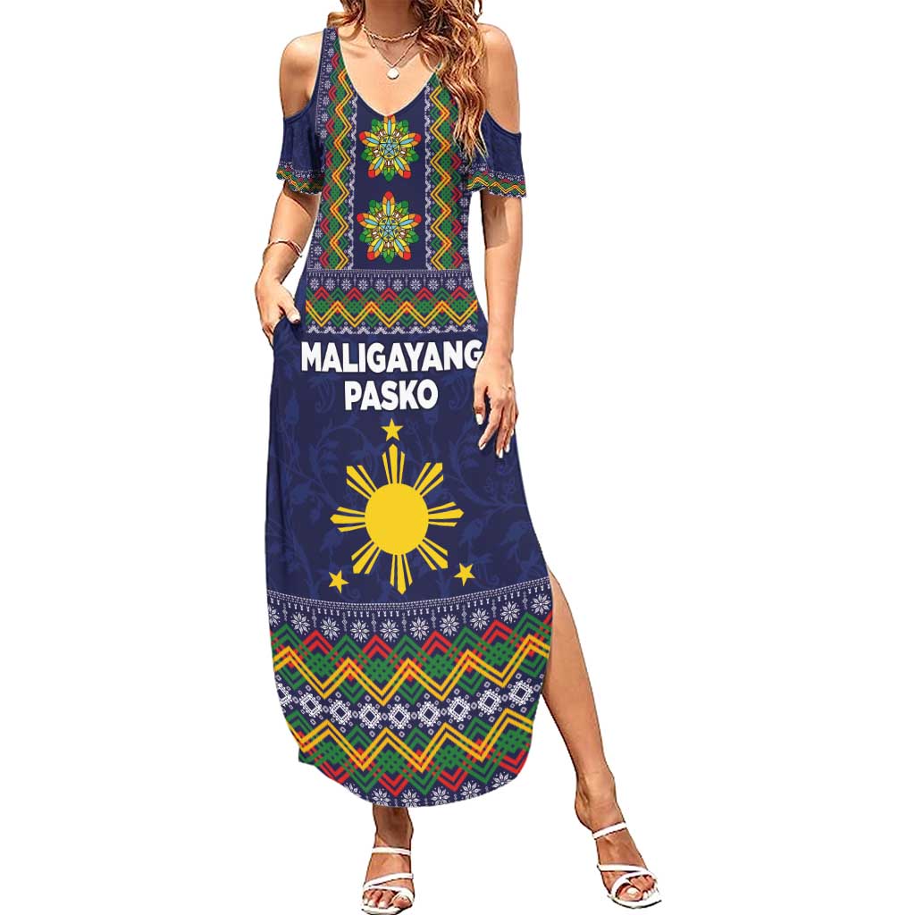 Philippines Merry Christmas Family Matching Summer Maxi Dress and Hawaiian Shirt Maligayang Pasko with Parol and Xmas Pattern Barong Style LT03 Mom's Dress Blue - Polynesian Pride