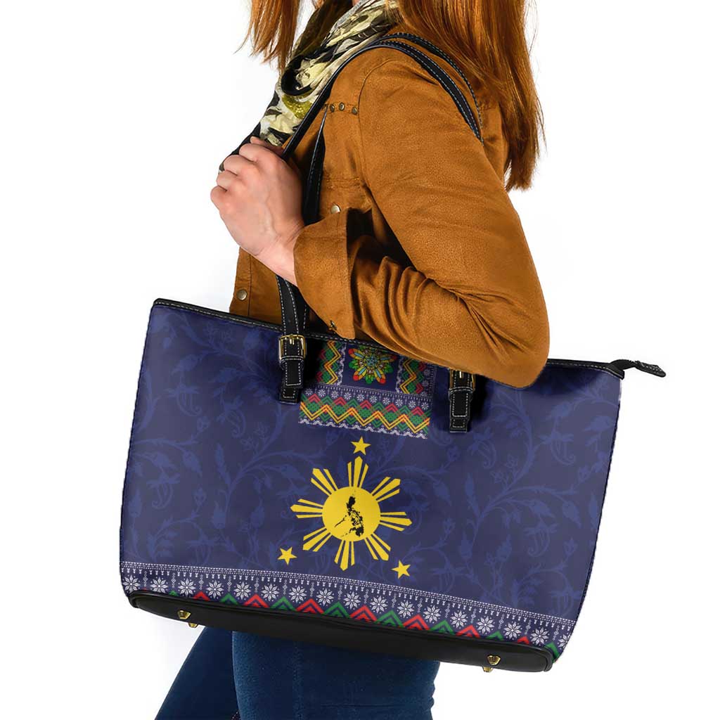 Philippines Merry Christmas Leather Tote Bag Maligayang Pasko with Parol and Xmas Pattern Barong Style LT03 Blue - Polynesian Pride
