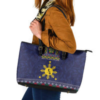 Philippines Merry Christmas Leather Tote Bag Maligayang Pasko with Parol and Xmas Pattern Barong Style LT03 Blue - Polynesian Pride