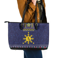 Philippines Merry Christmas Leather Tote Bag Maligayang Pasko with Parol and Xmas Pattern Barong Style LT03 - Polynesian Pride
