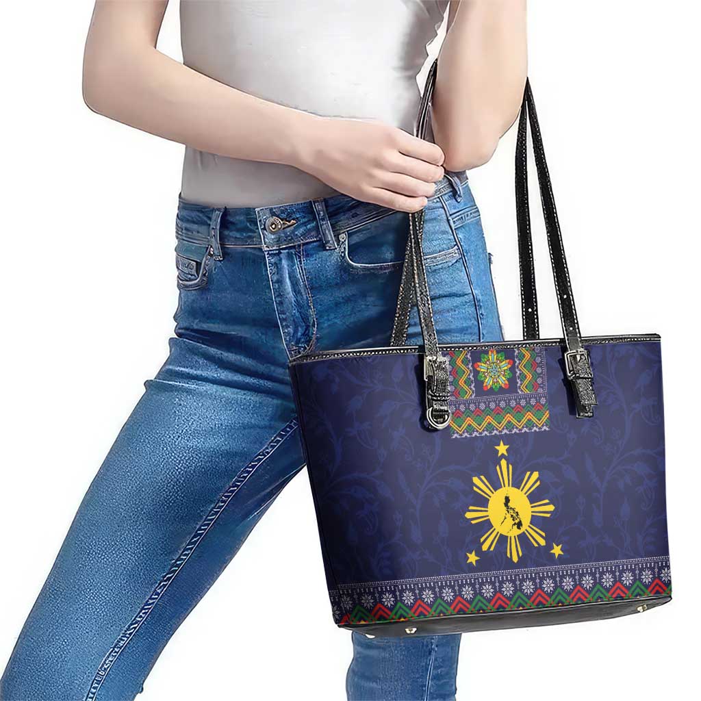 Philippines Merry Christmas Leather Tote Bag Maligayang Pasko with Parol and Xmas Pattern Barong Style LT03 - Polynesian Pride