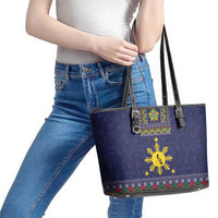 Philippines Merry Christmas Leather Tote Bag Maligayang Pasko with Parol and Xmas Pattern Barong Style LT03 - Polynesian Pride