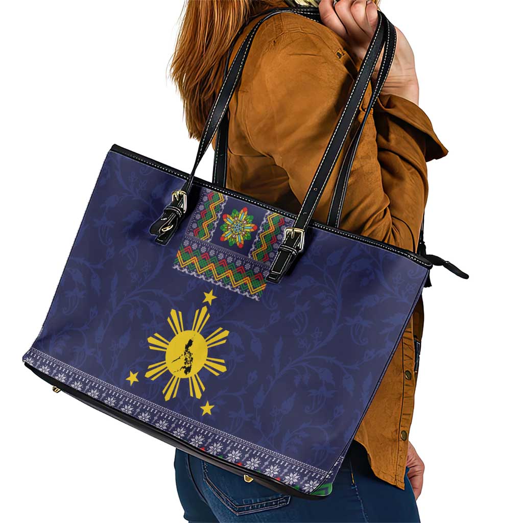 Philippines Merry Christmas Leather Tote Bag Maligayang Pasko with Parol and Xmas Pattern Barong Style LT03 - Polynesian Pride