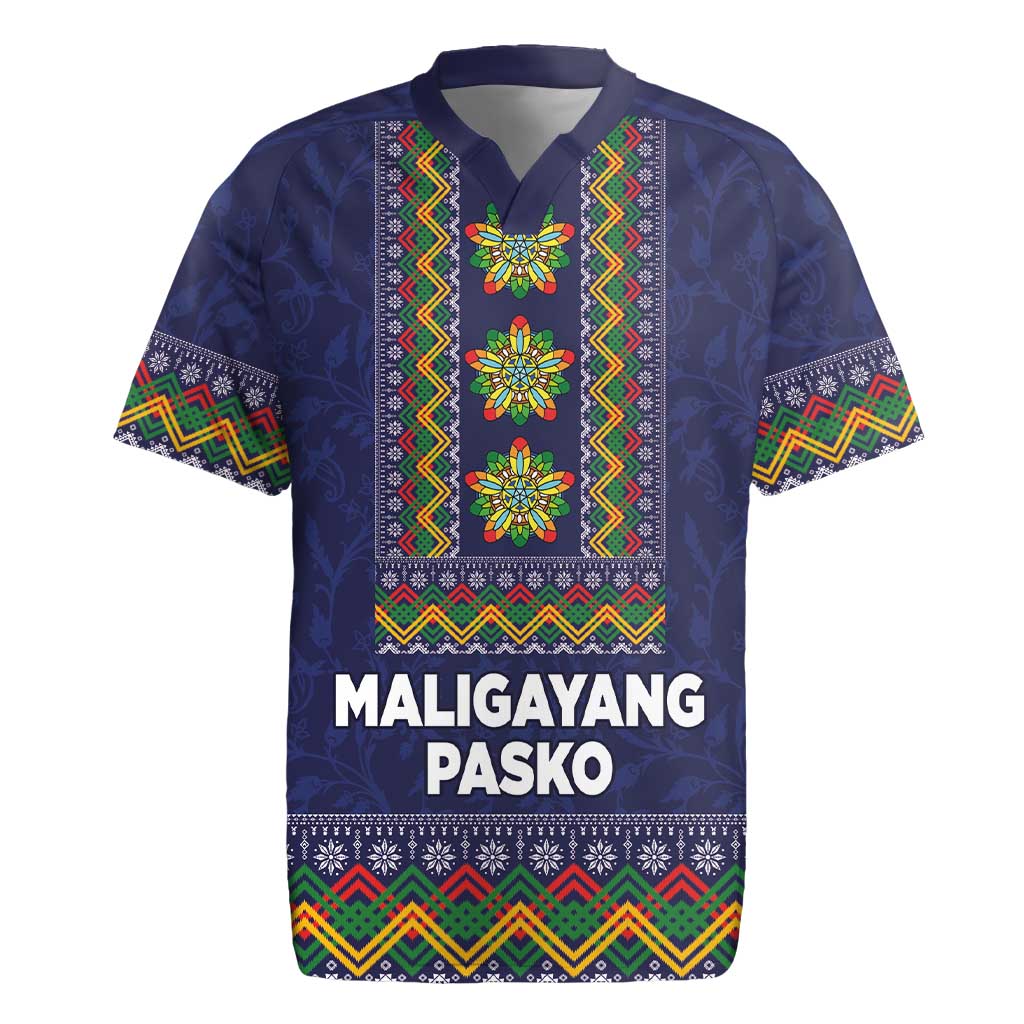 Philippines Merry Christmas Rugby Jersey Maligayang Pasko with Parol and Xmas Pattern Barong Style LT03 Blue - Polynesian Pride