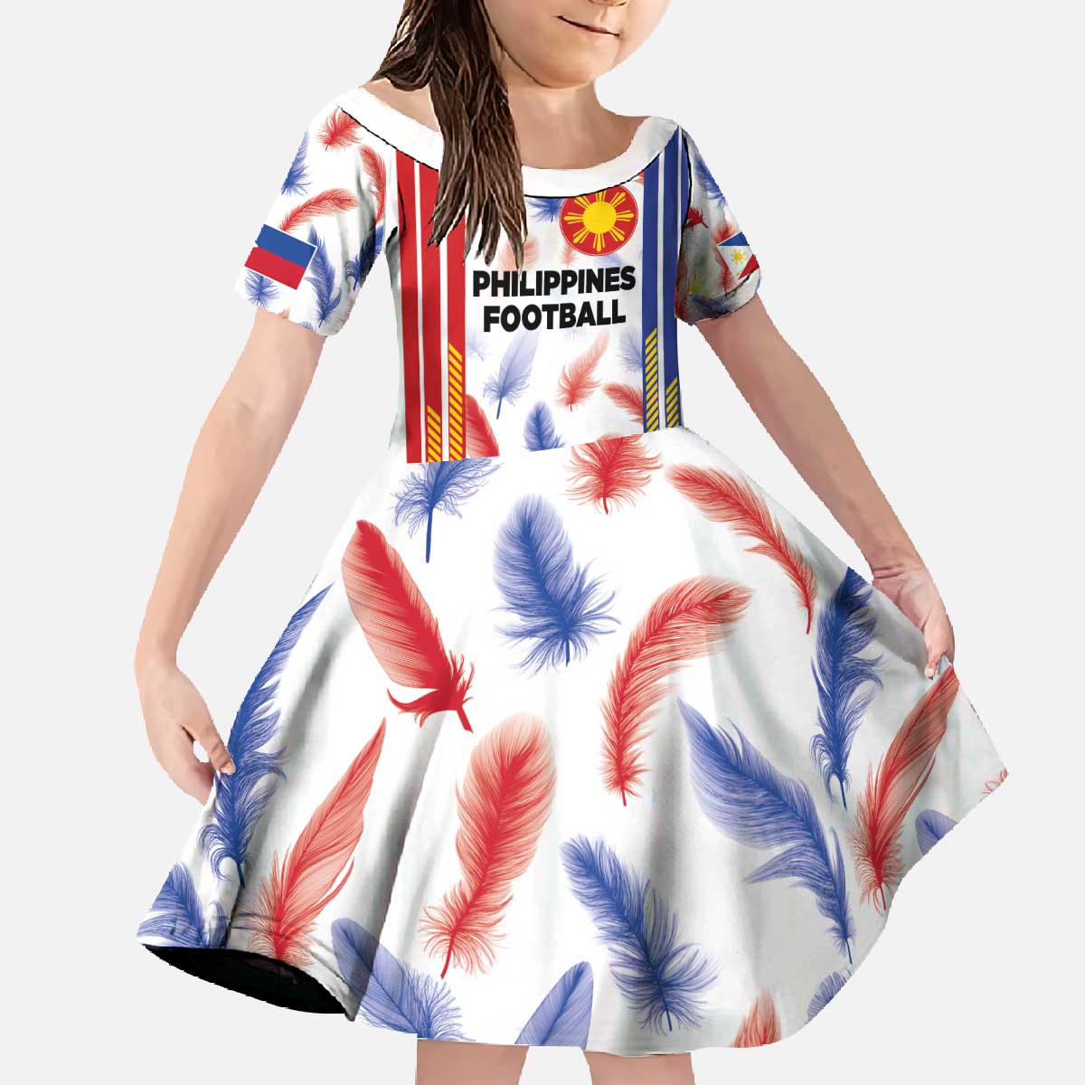 Custom Philippines Champions Football Jersey Family Matching Off The Shoulder Long Sleeve Dress and Hawaiian Shirt LT03 Daughter's Dress White - Polynesian Pride