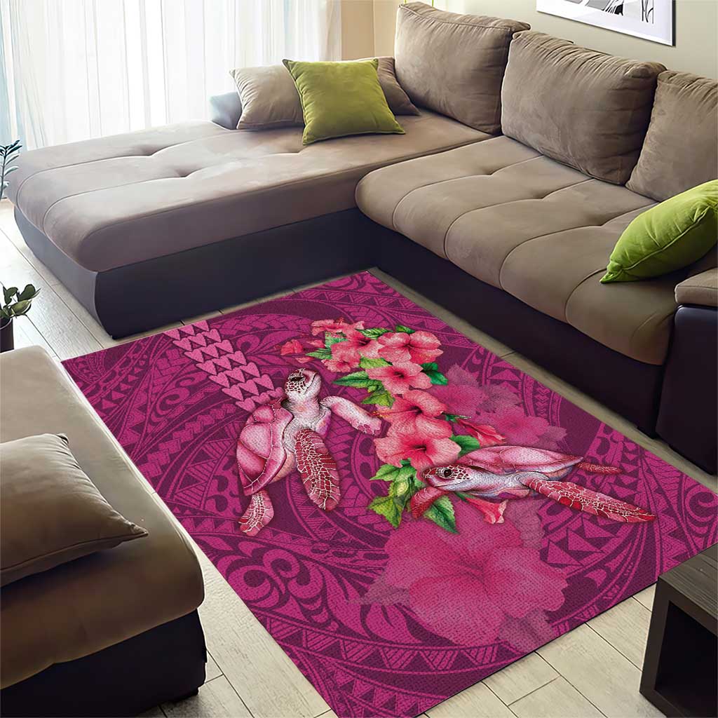 Hawaiian Turtle Love Couple Area Rug - Sweet Hibiscus and Kakau Pattern Rose Color LT03 - Polynesian Pride