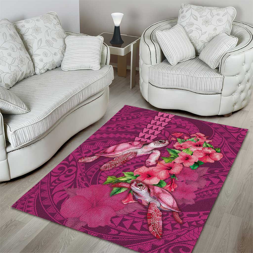 Hawaiian Turtle Love Couple Area Rug - Sweet Hibiscus and Kakau Pattern Rose Color LT03 - Polynesian Pride