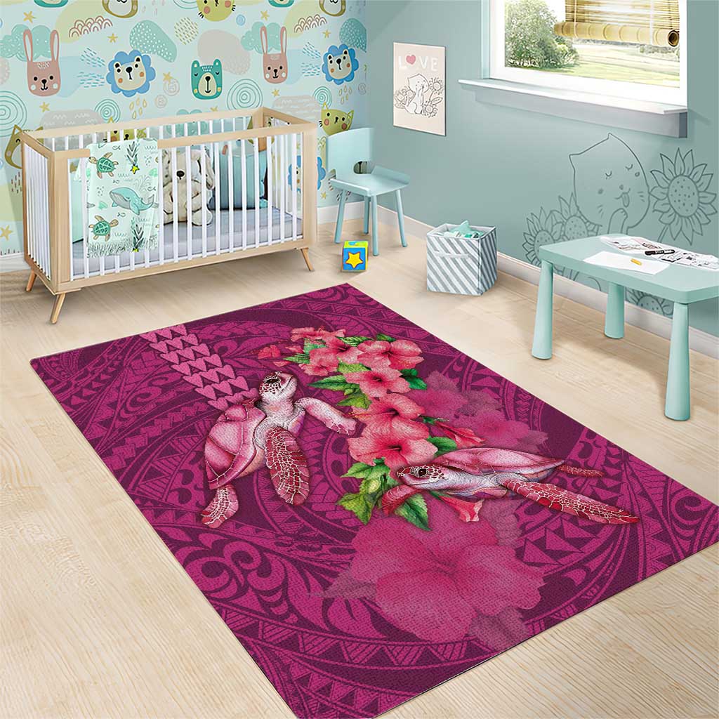 Hawaiian Turtle Love Couple Area Rug - Sweet Hibiscus and Kakau Pattern Rose Color LT03 - Polynesian Pride