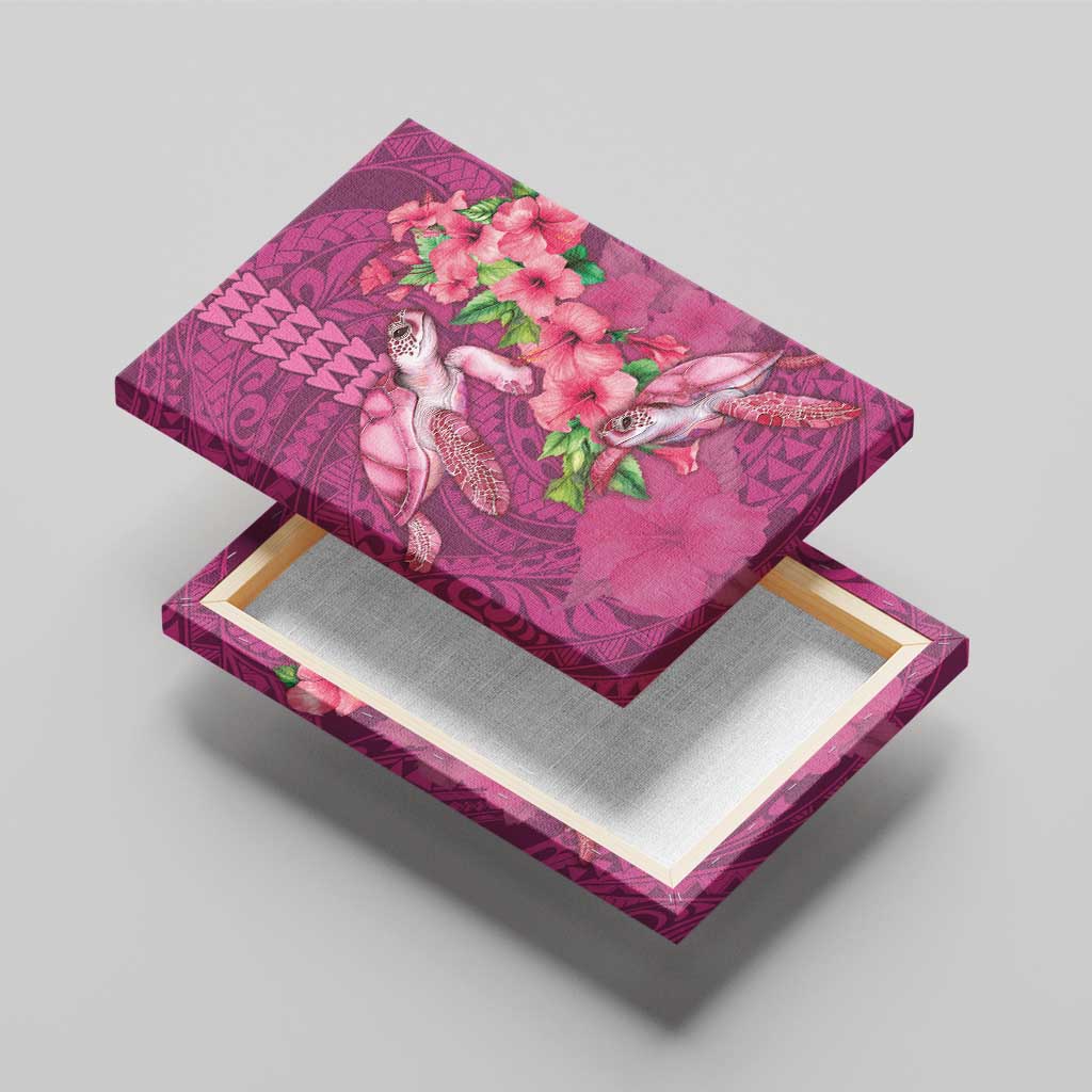 Hawaiian Turtle Love Couple Canvas Wall Art - Sweet Hibiscus and Kakau Pattern Rose Color