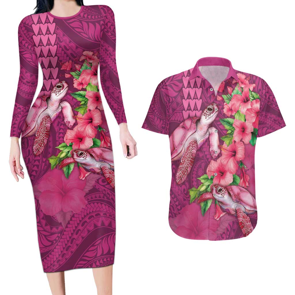 Hawaiian Turtle Love Couple Couples Matching Long Sleeve Bodycon Dress and Hawaiian Shirt - Sweet Hibiscus and Kakau Pattern Rose Color LT03 Pink - Polynesian Pride