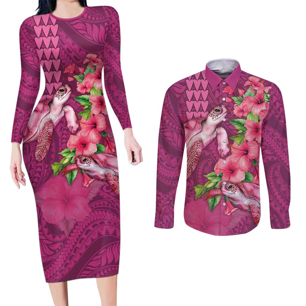 Hawaiian Turtle Love Couple Couples Matching Long Sleeve Bodycon Dress and Long Sleeve Button Shirt - Sweet Hibiscus and Kakau Pattern Rose Color LT03 Pink - Polynesian Pride