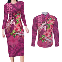 Hawaiian Turtle Love Couple Couples Matching Long Sleeve Bodycon Dress and Long Sleeve Button Shirt - Sweet Hibiscus and Kakau Pattern Rose Color LT03 Pink - Polynesian Pride