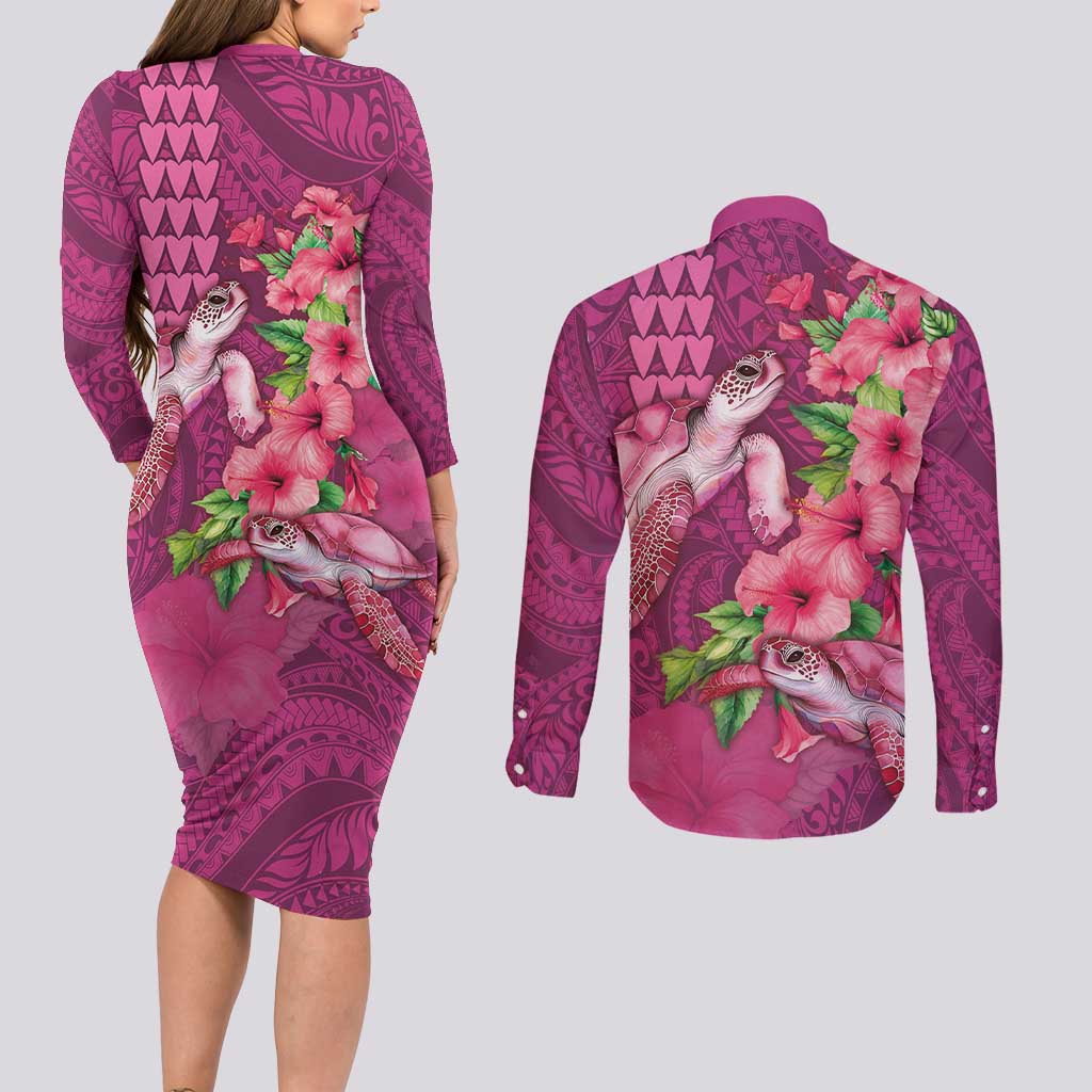 Hawaiian Turtle Love Couple Couples Matching Long Sleeve Bodycon Dress and Long Sleeve Button Shirt - Sweet Hibiscus and Kakau Pattern Rose Color LT03 - Polynesian Pride