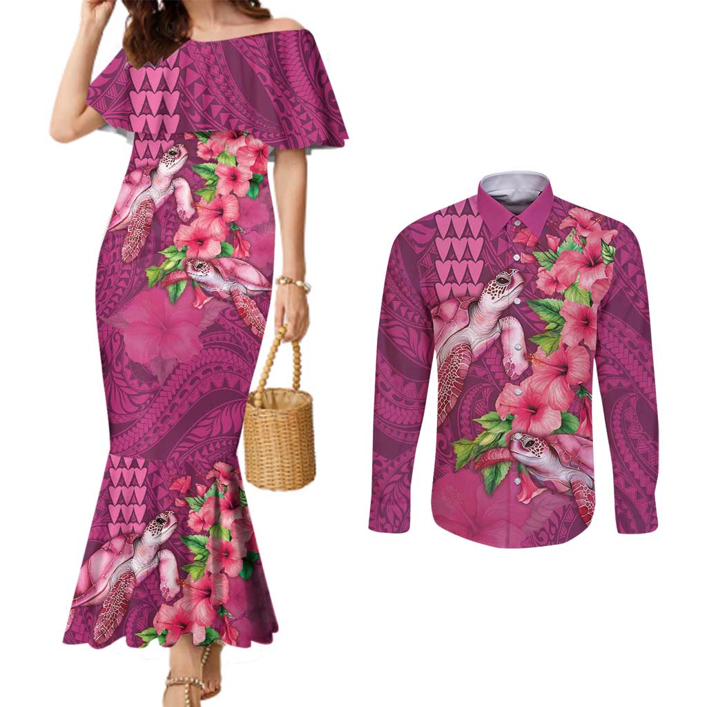 Hawaiian Turtle Love Couple Couples Matching Mermaid Dress and Long Sleeve Button Shirt - Sweet Hibiscus and Kakau Pattern Rose Color LT03 Pink - Polynesian Pride
