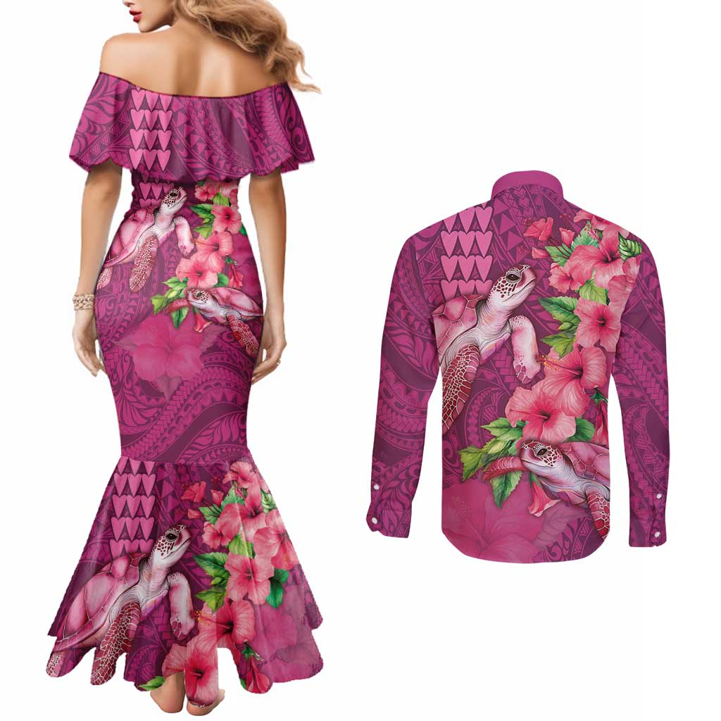 Hawaiian Turtle Love Couple Couples Matching Mermaid Dress and Long Sleeve Button Shirt - Sweet Hibiscus and Kakau Pattern Rose Color LT03 - Polynesian Pride