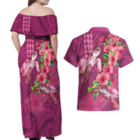 Hawaiian Turtle Love Couple Couples Matching Off Shoulder Maxi Dress and Hawaiian Shirt - Sweet Hibiscus and Kakau Pattern Rose Color LT03 - Polynesian Pride
