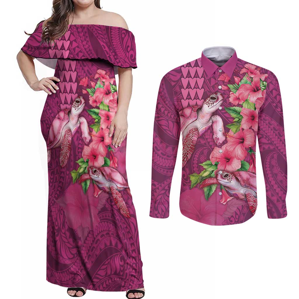 Hawaiian Turtle Love Couple Couples Matching Off Shoulder Maxi Dress and Long Sleeve Button Shirt - Sweet Hibiscus and Kakau Pattern Rose Color LT03 Pink - Polynesian Pride