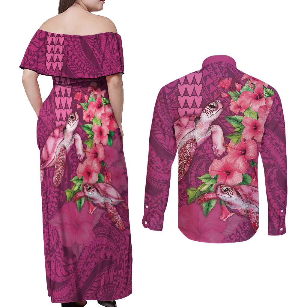 Hawaiian Turtle Love Couple Couples Matching Off Shoulder Maxi Dress and Long Sleeve Button Shirt - Sweet Hibiscus and Kakau Pattern Rose Color LT03 - Polynesian Pride