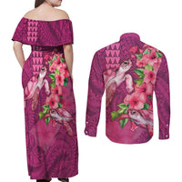 Hawaiian Turtle Love Couple Couples Matching Off Shoulder Maxi Dress and Long Sleeve Button Shirt - Sweet Hibiscus and Kakau Pattern Rose Color LT03 - Polynesian Pride