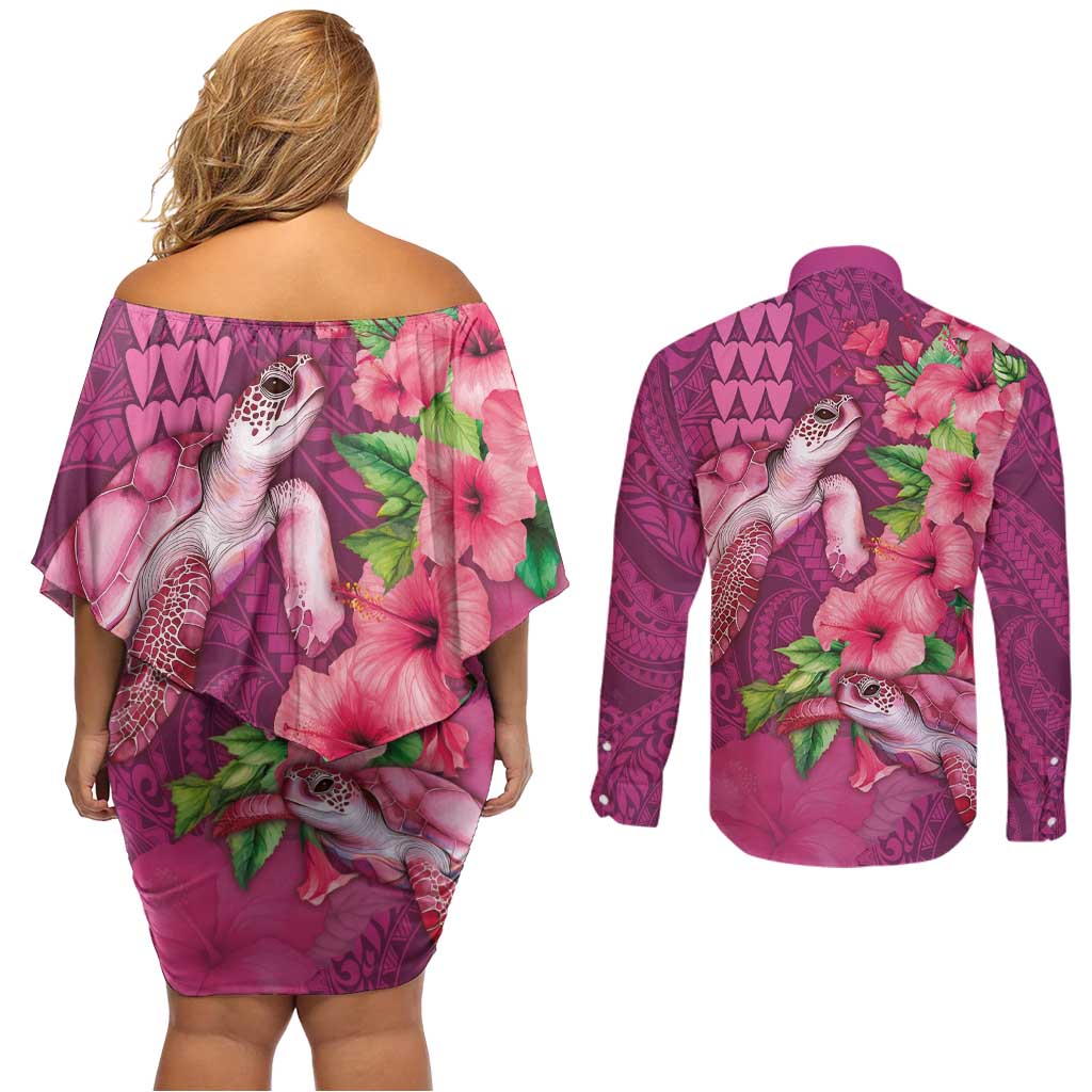 Hawaiian Turtle Love Couple Couples Matching Off Shoulder Short Dress and Long Sleeve Button Shirt - Sweet Hibiscus and Kakau Pattern Rose Color LT03 - Polynesian Pride