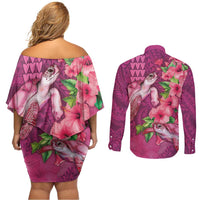 Hawaiian Turtle Love Couple Couples Matching Off Shoulder Short Dress and Long Sleeve Button Shirt - Sweet Hibiscus and Kakau Pattern Rose Color LT03 - Polynesian Pride