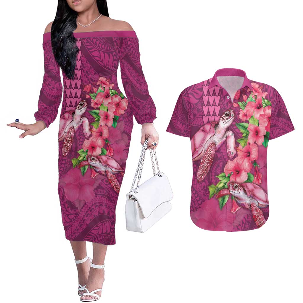 Hawaiian Turtle Love Couple Couples Matching Off The Shoulder Long Sleeve Dress and Hawaiian Shirt - Sweet Hibiscus and Kakau Pattern Rose Color LT03 Pink - Polynesian Pride