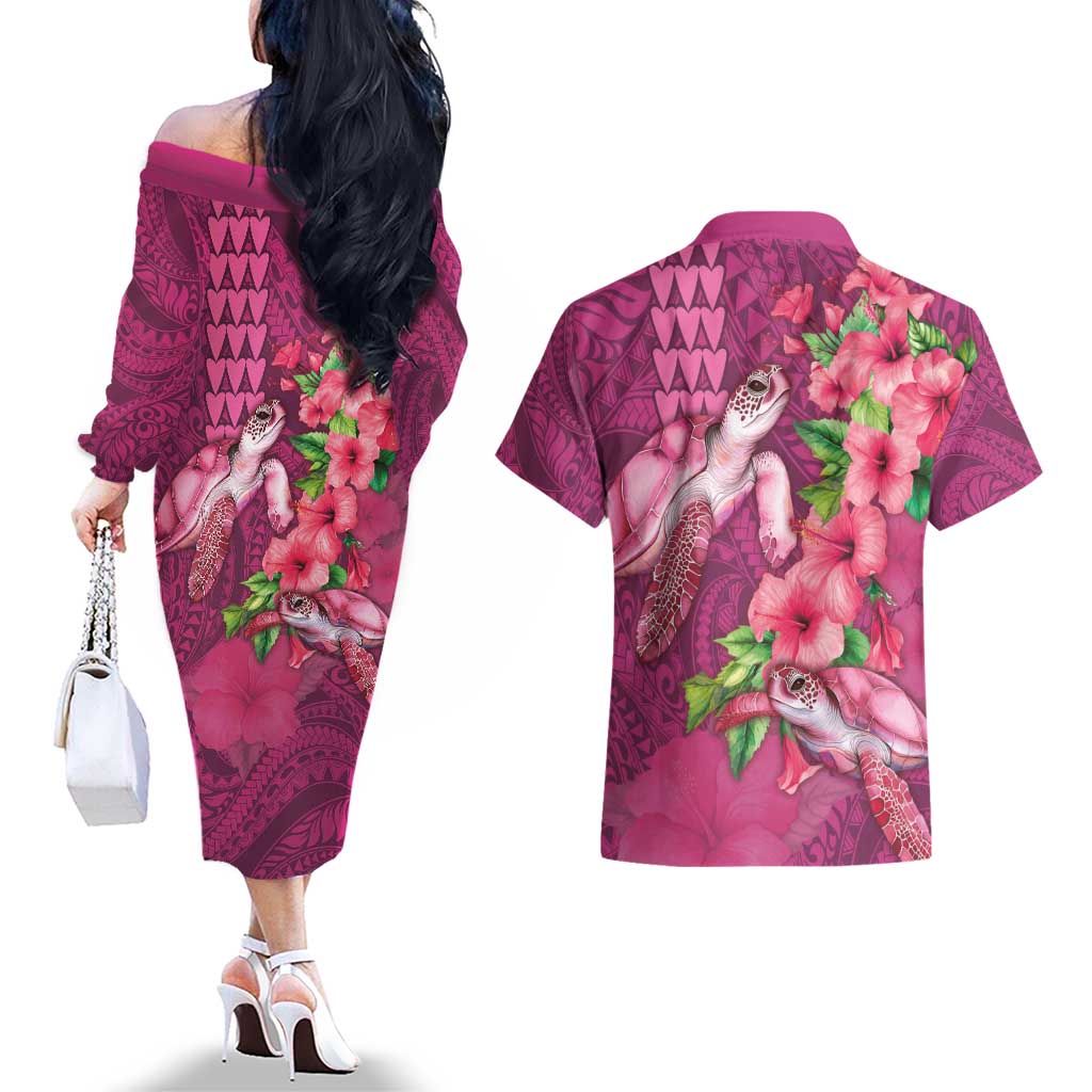 Hawaiian Turtle Love Couple Couples Matching Off The Shoulder Long Sleeve Dress and Hawaiian Shirt - Sweet Hibiscus and Kakau Pattern Rose Color LT03 - Polynesian Pride