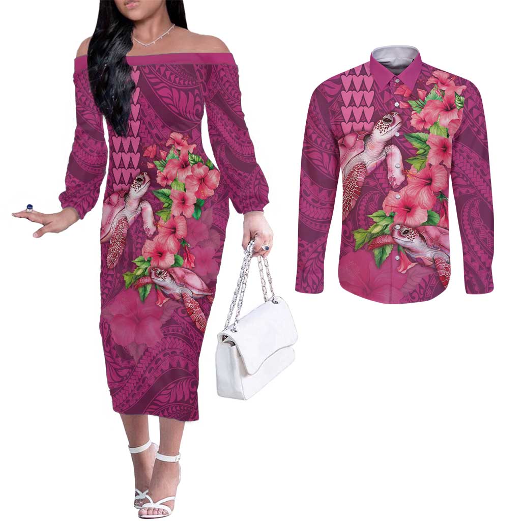 Hawaiian Turtle Love Couple Couples Matching Off The Shoulder Long Sleeve Dress and Long Sleeve Button Shirt - Sweet Hibiscus and Kakau Pattern Rose Color LT03 Pink - Polynesian Pride
