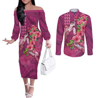 Hawaiian Turtle Love Couple Couples Matching Off The Shoulder Long Sleeve Dress and Long Sleeve Button Shirt - Sweet Hibiscus and Kakau Pattern Rose Color LT03 Pink - Polynesian Pride