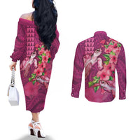 Hawaiian Turtle Love Couple Couples Matching Off The Shoulder Long Sleeve Dress and Long Sleeve Button Shirt - Sweet Hibiscus and Kakau Pattern Rose Color LT03 - Polynesian Pride